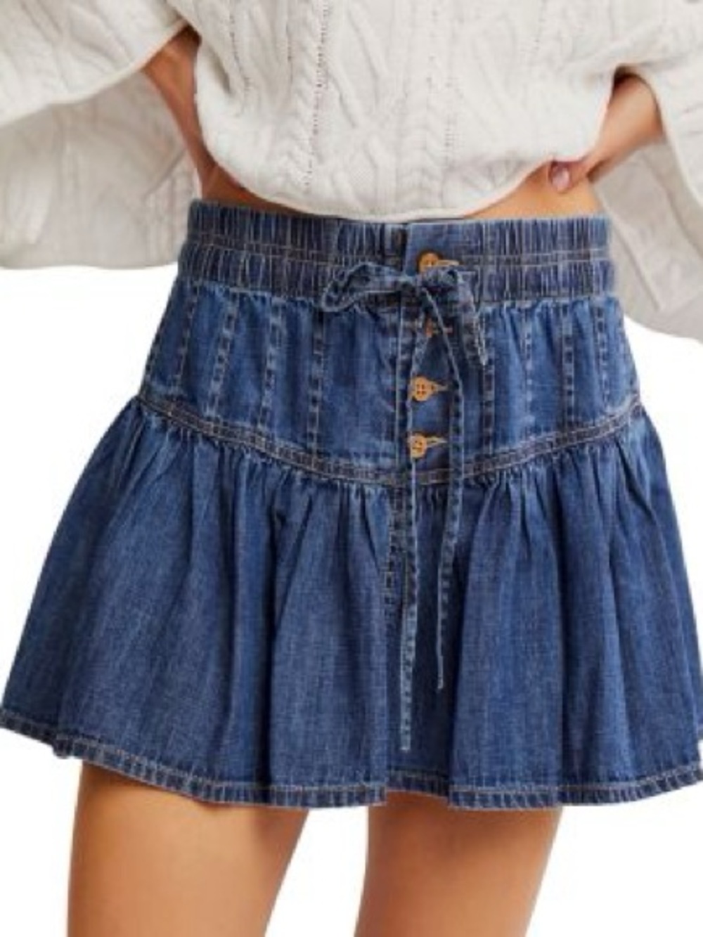 Free People We The Free Roselle Denim Blue Ruffle Mini Skirt, Size Medium